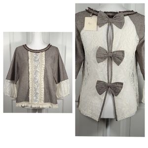 NWT Ryu Brown Taupe Top w/ Cream Lace, Crochet Detail, Fringe & Bows Size Medium